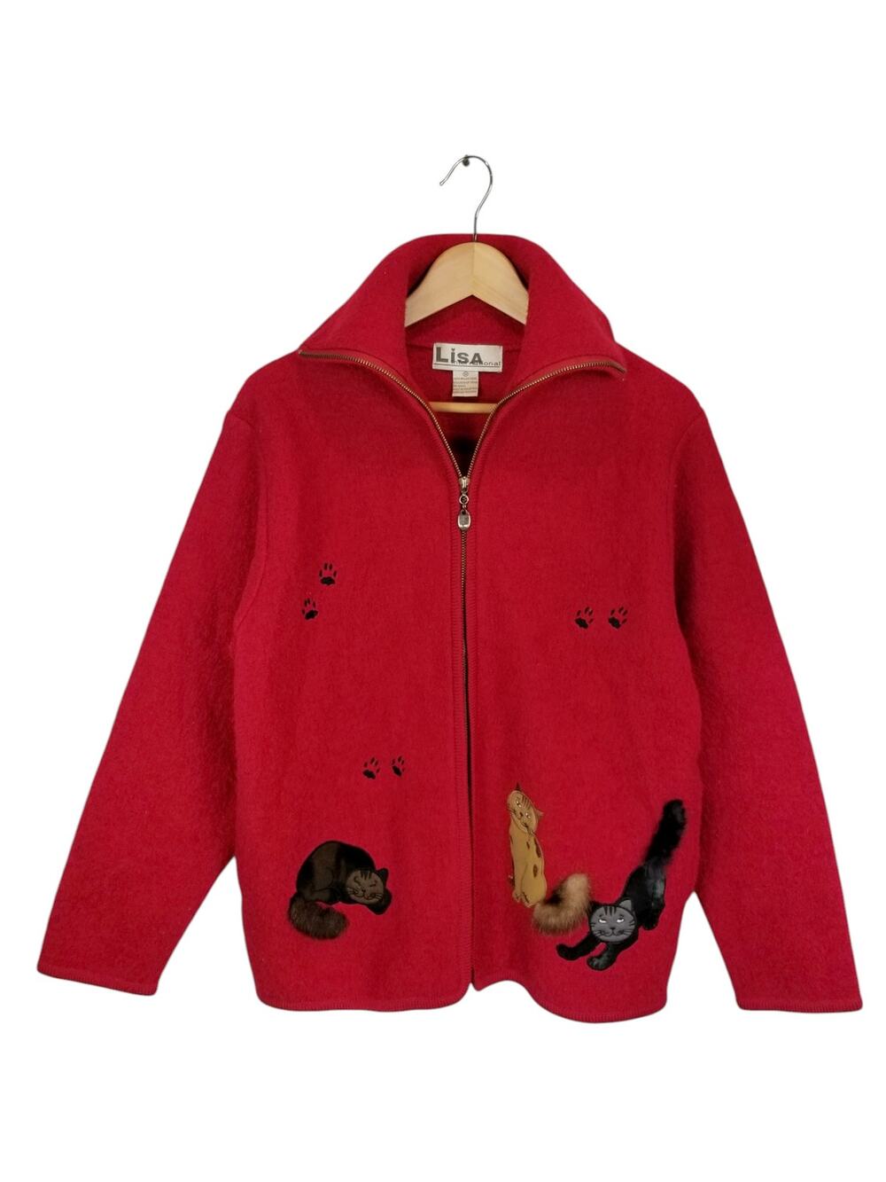 Vintage Lisa International Red Boiled Wool Cat Lady Zip Front Cardigan Medium
